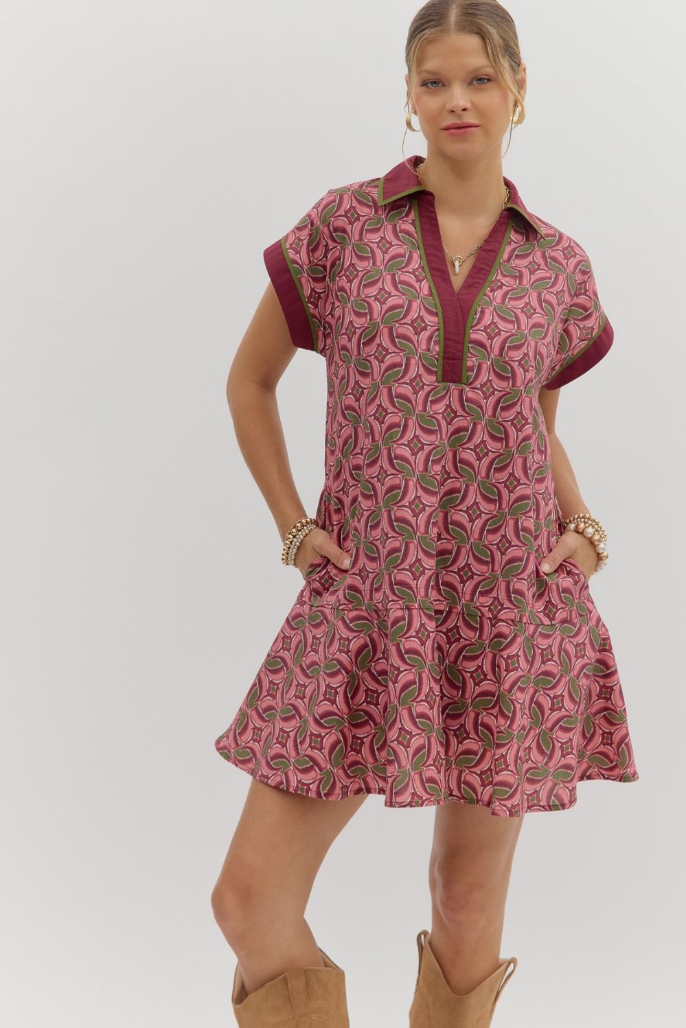 Abstract pattern flounce ruffle hem mini dress
