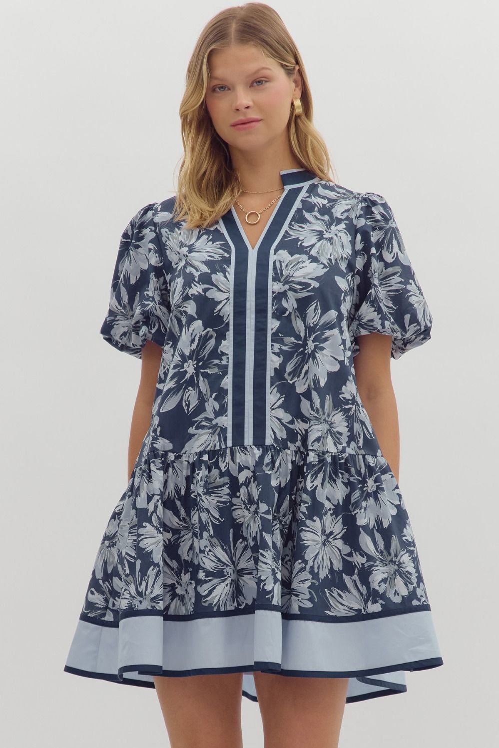 Navy Floral print short bubble sleeve ruffle hem mini dress