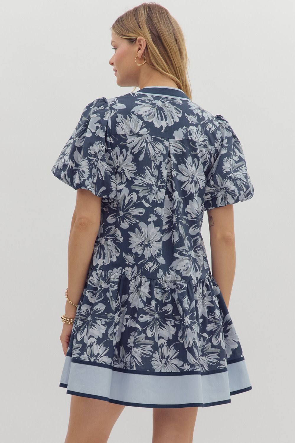 Navy Floral print short bubble sleeve ruffle hem mini dress