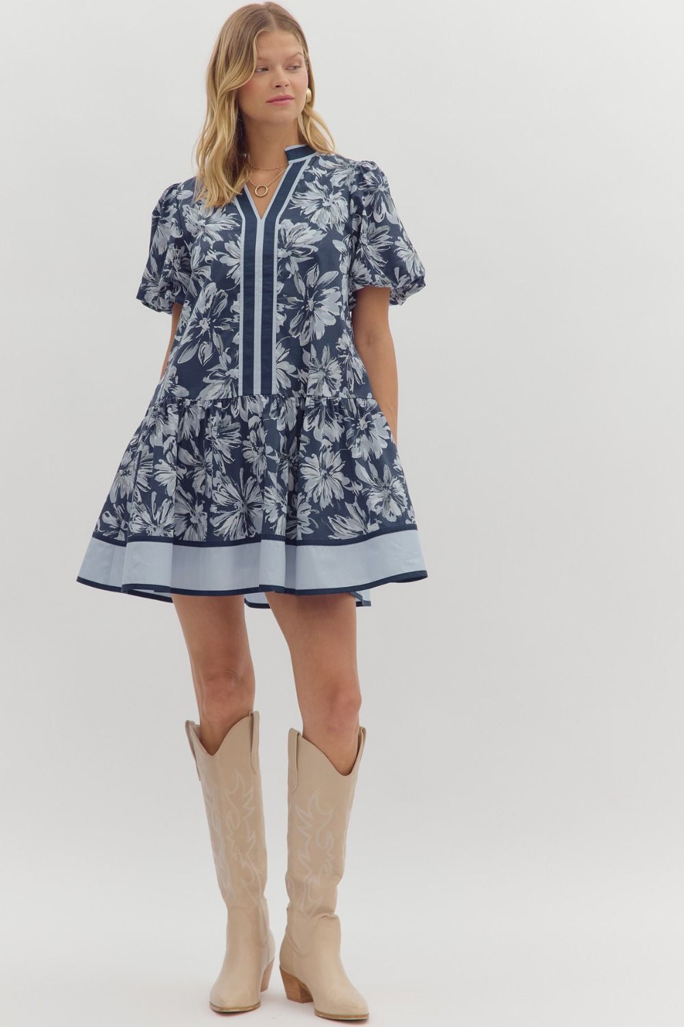 Navy Floral print short bubble sleeve ruffle hem mini dress