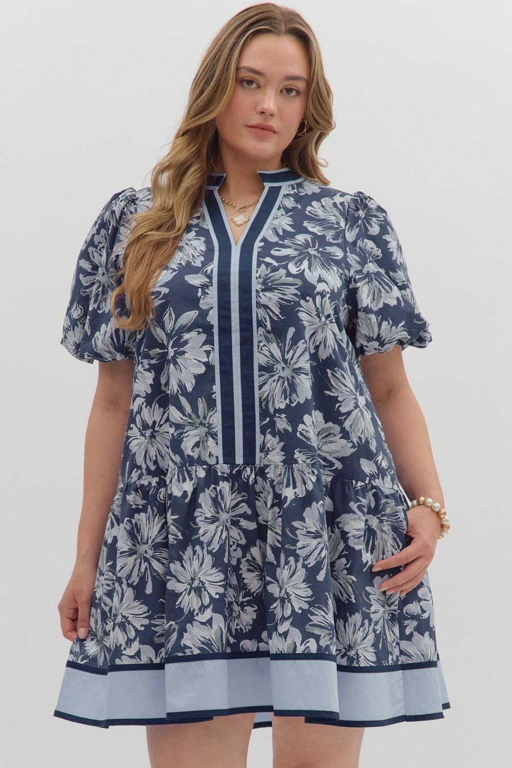 Navy Floral print short bubble sleeve ruffle hem mini dress +