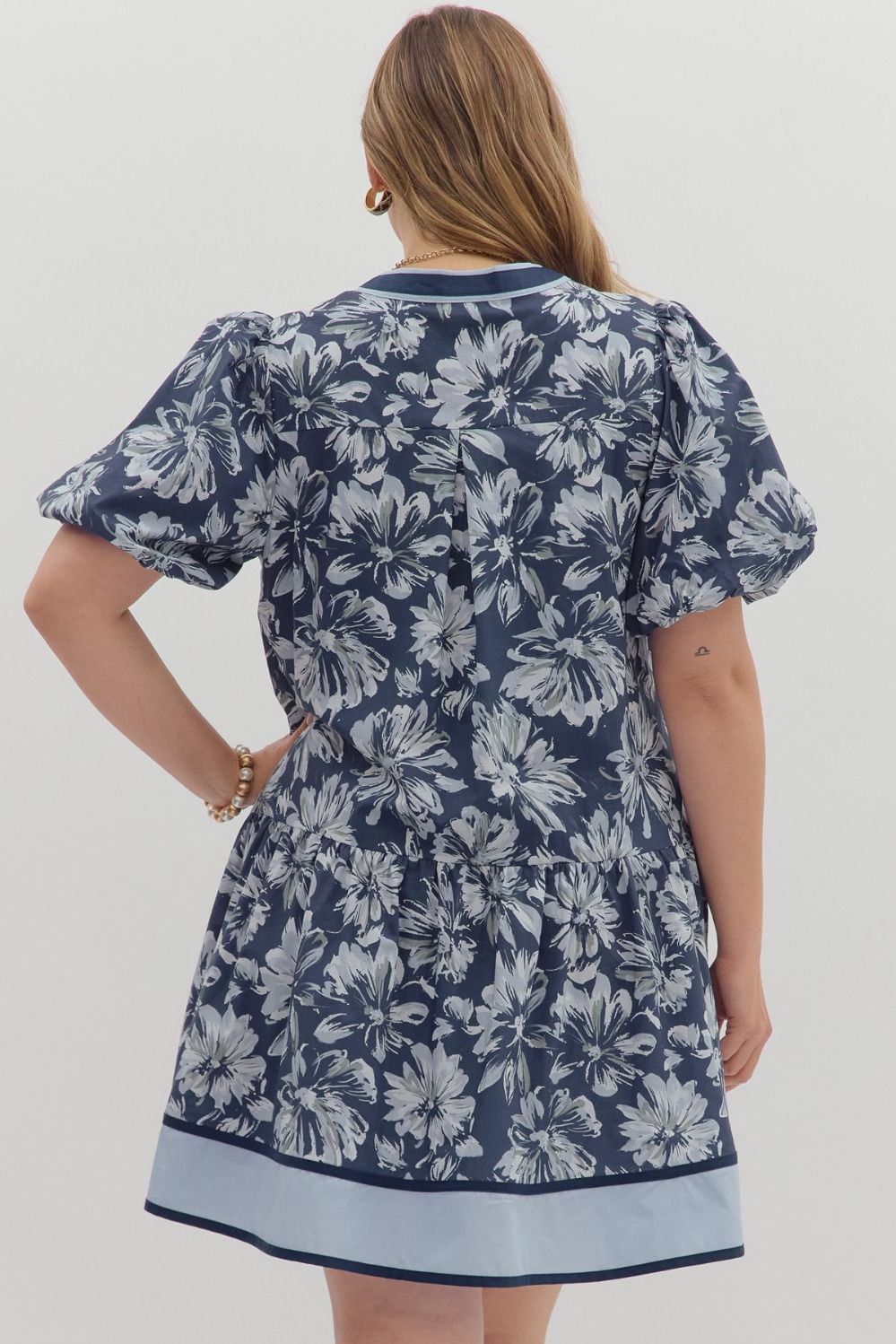 Navy Floral print short bubble sleeve ruffle hem mini dress +