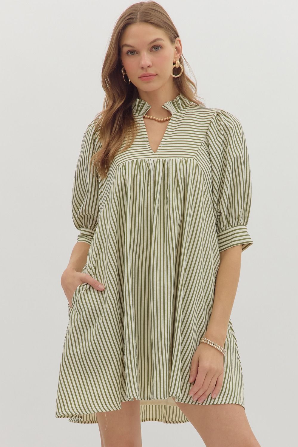 Striped seersucker ¾ puff sleeve mini dress