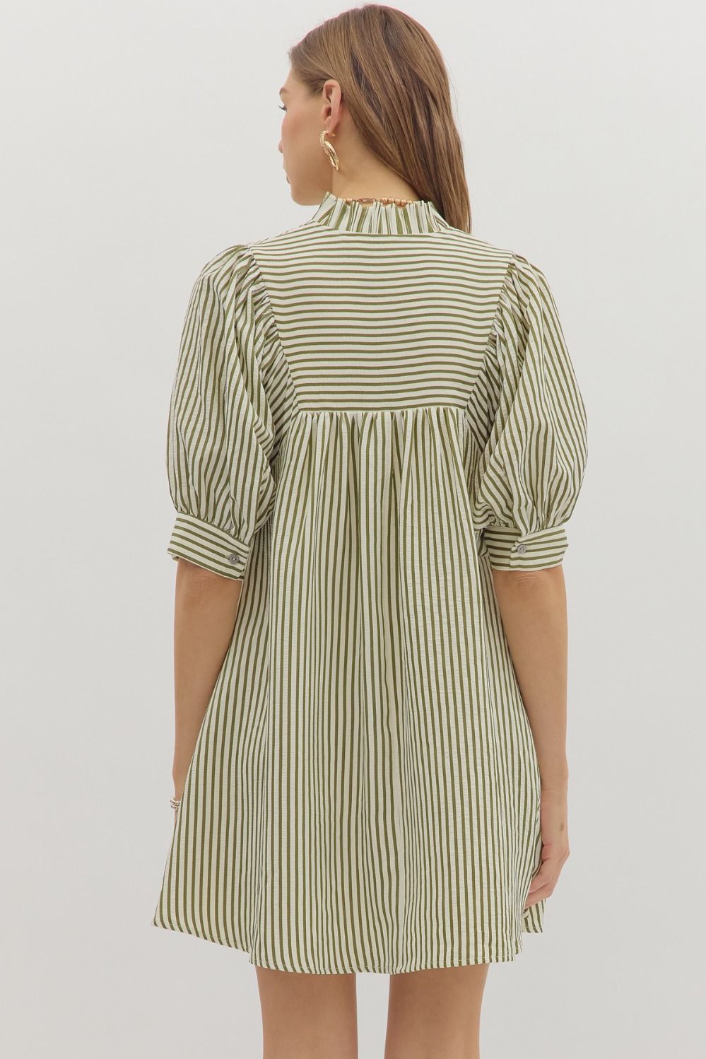 Striped seersucker ¾ puff sleeve mini dress