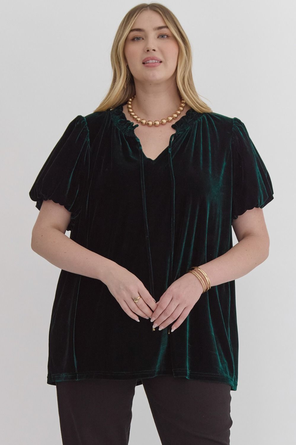 Pouf Sleeve Smock Neck Velvet Top