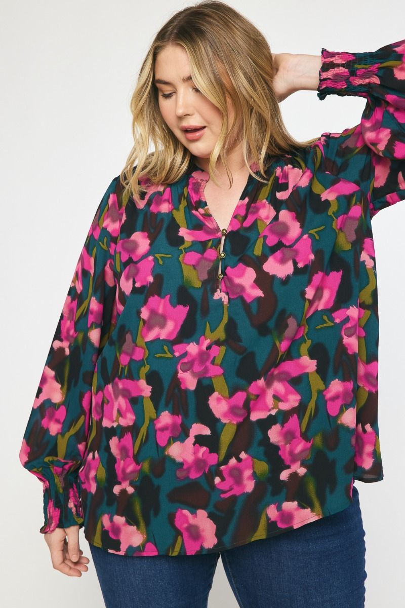 Green & Pink Floral Long Sleeve Vneck Top