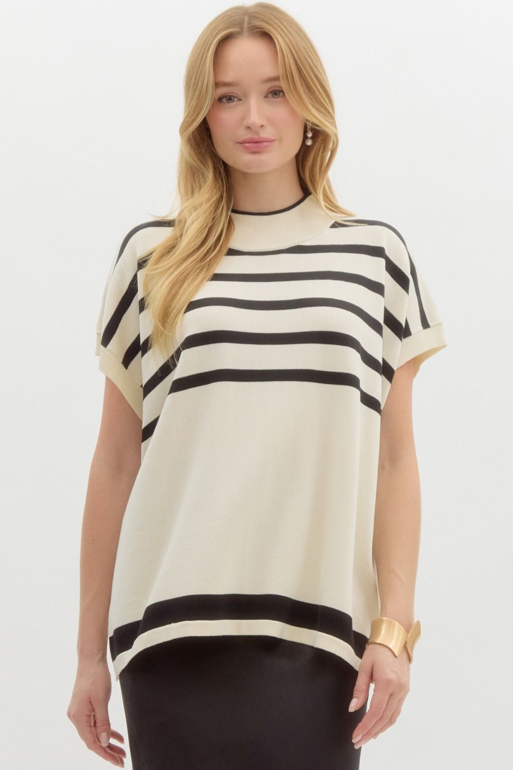 Cream & Black Stripe Mock Neck Sweater Vest