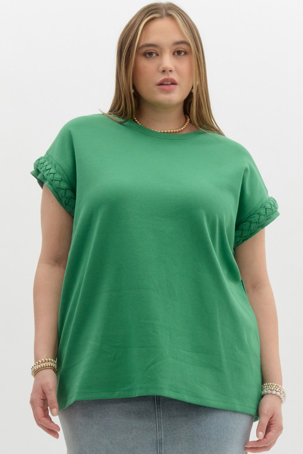 Curvy Green Braided Sleeve Knit Top