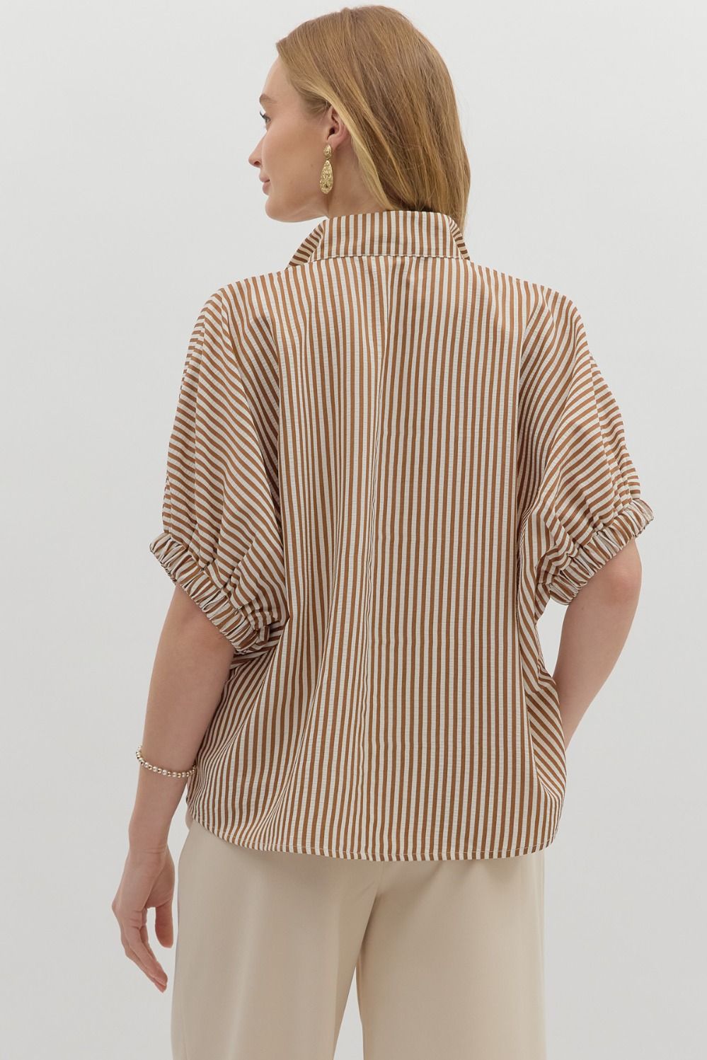 Caramel Stripe pattern high neck elasticated sleeve band top