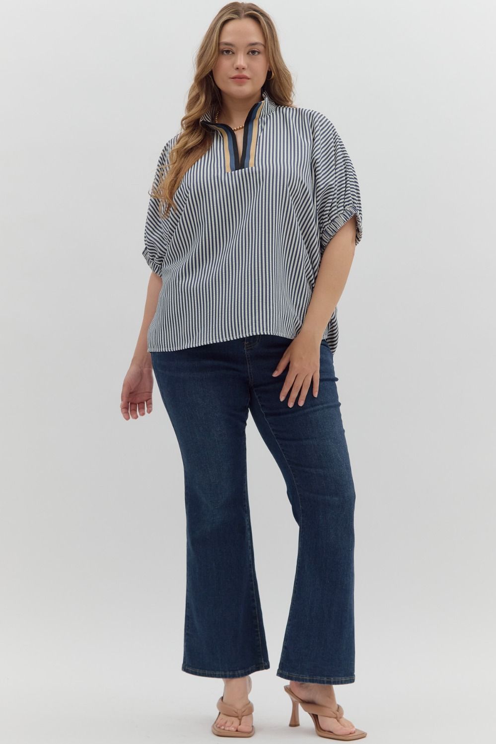 Stripe pattern high neck elasticated sleeve top