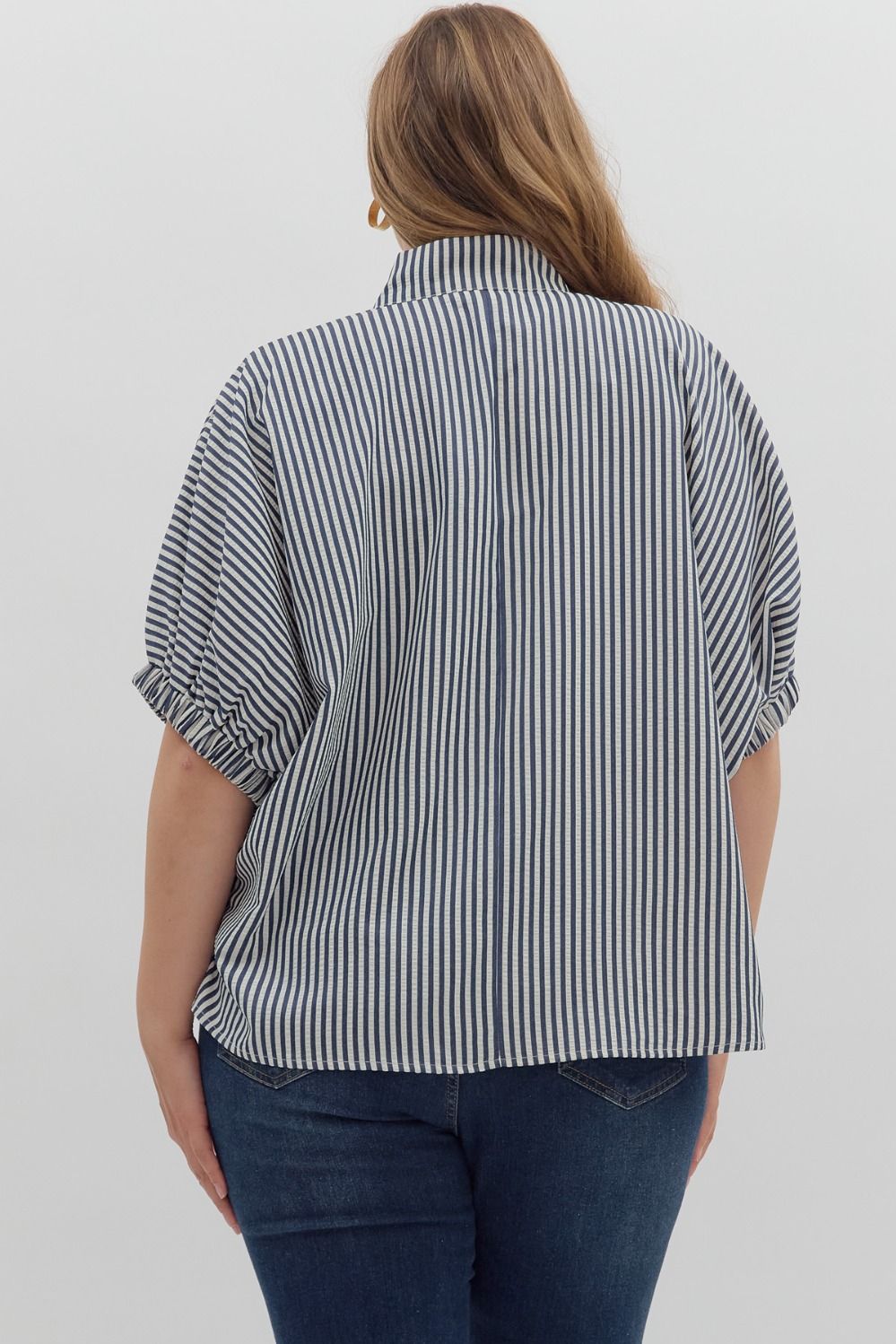 Stripe pattern high neck elasticated sleeve top