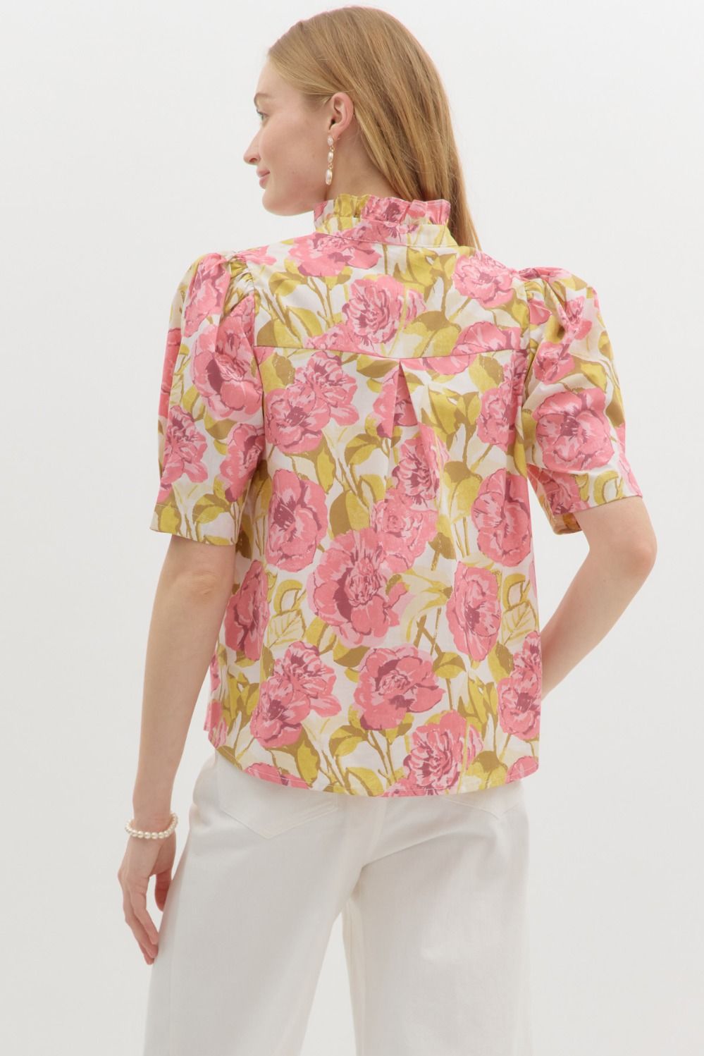 Pink & Green Floral Puff Sleeve Button Top
