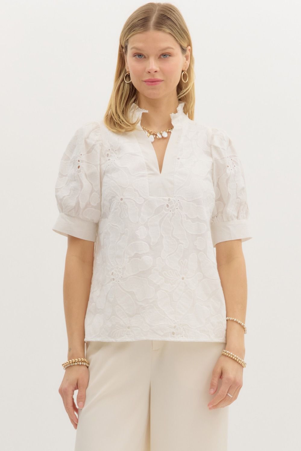 Pleated Collar Vneck White Floral Top
