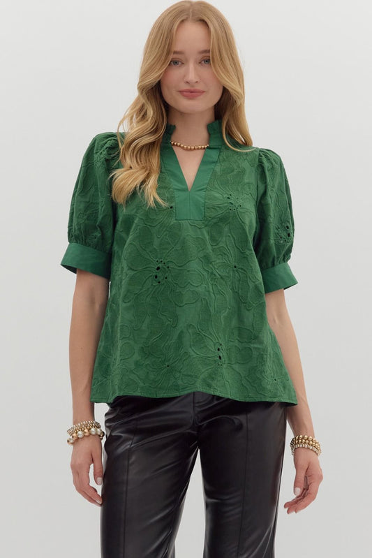 Green Floral embroidered short puff sleeve pullover top