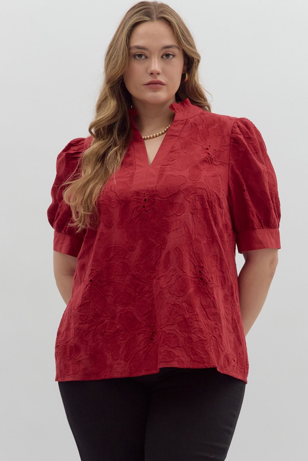 Red Embroidered Floral Vneck Pleated Collar Top +
