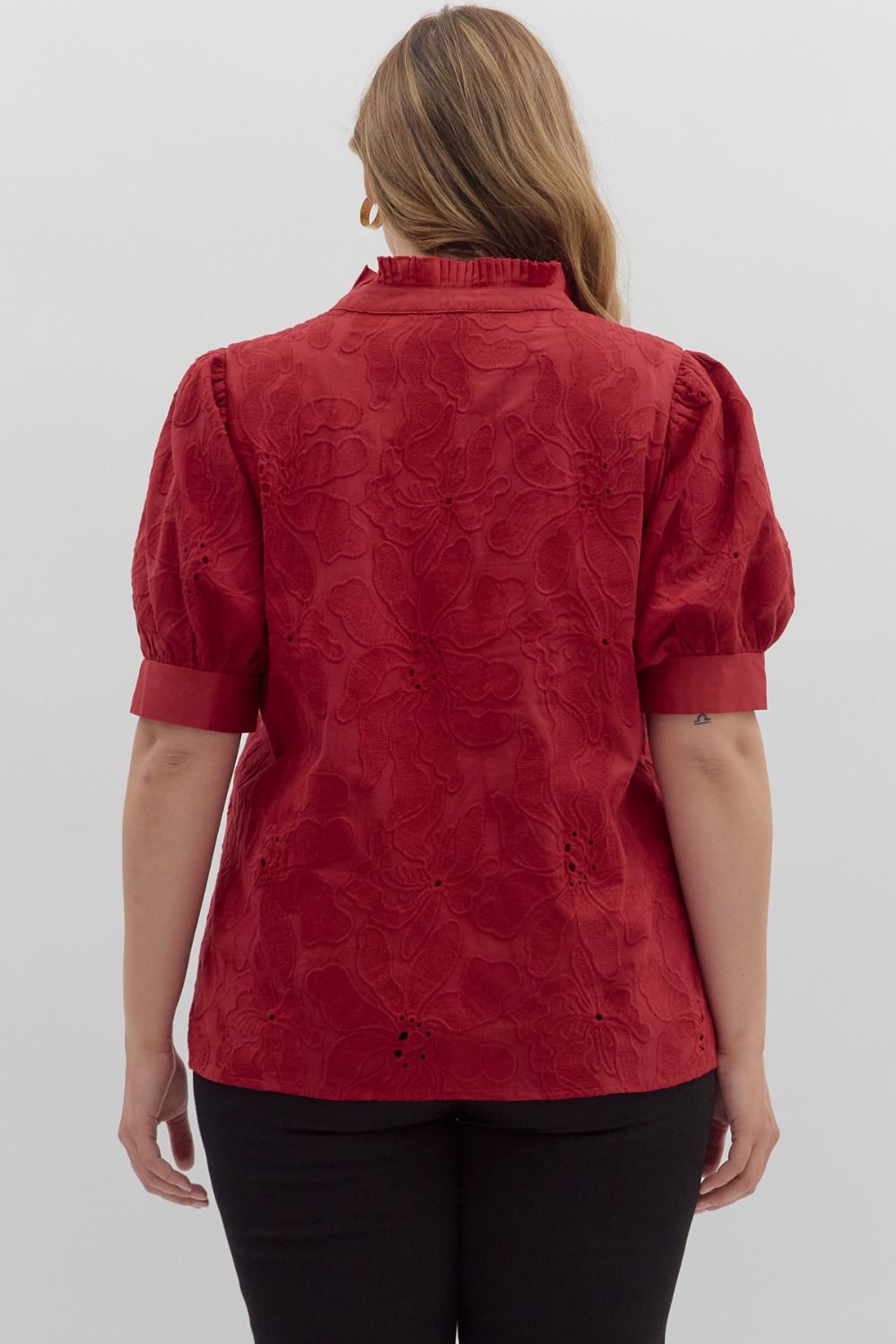 Red Embroidered Floral Vneck Pleated Collar Top +