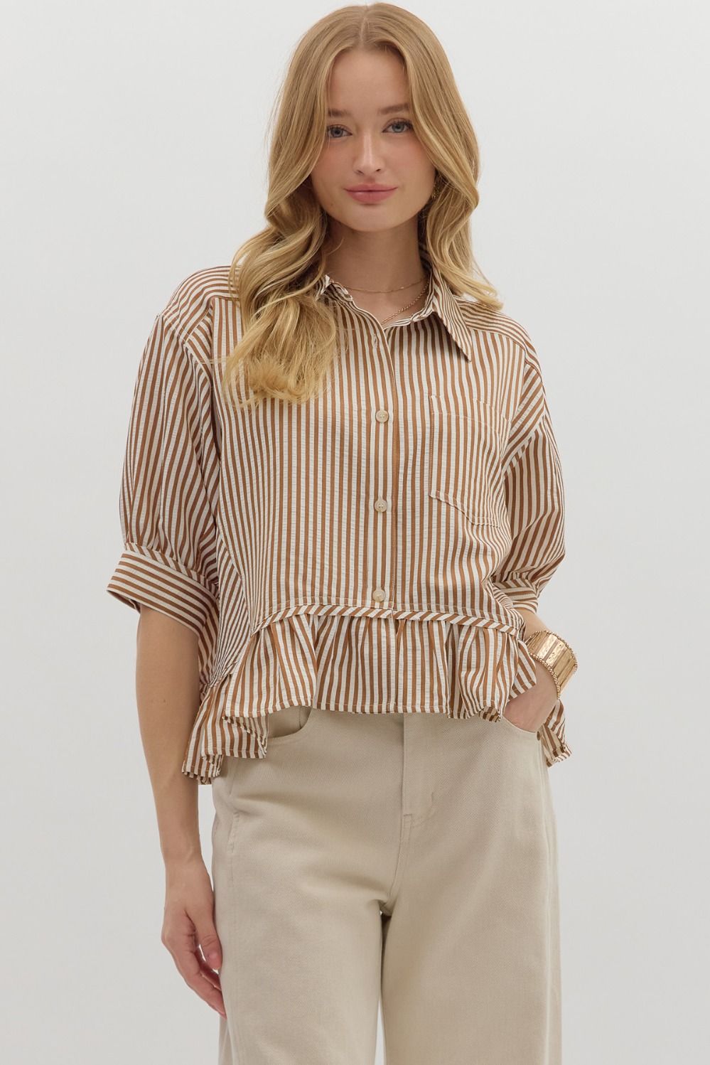Stripe pattern cuff band ¾ slv top