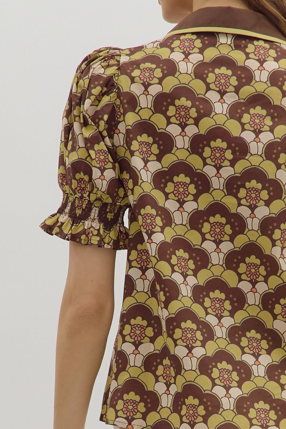 Brown Abstract floral pattern smocked cuff short puff sleeve