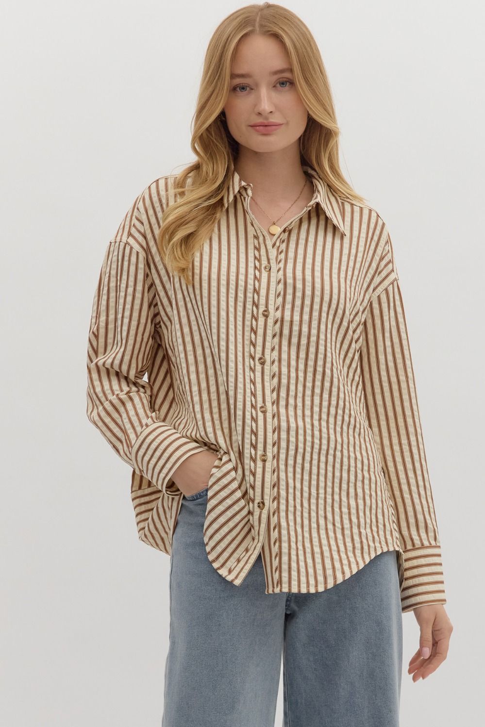 Textured striped pattern long sleeve button down collar shirt