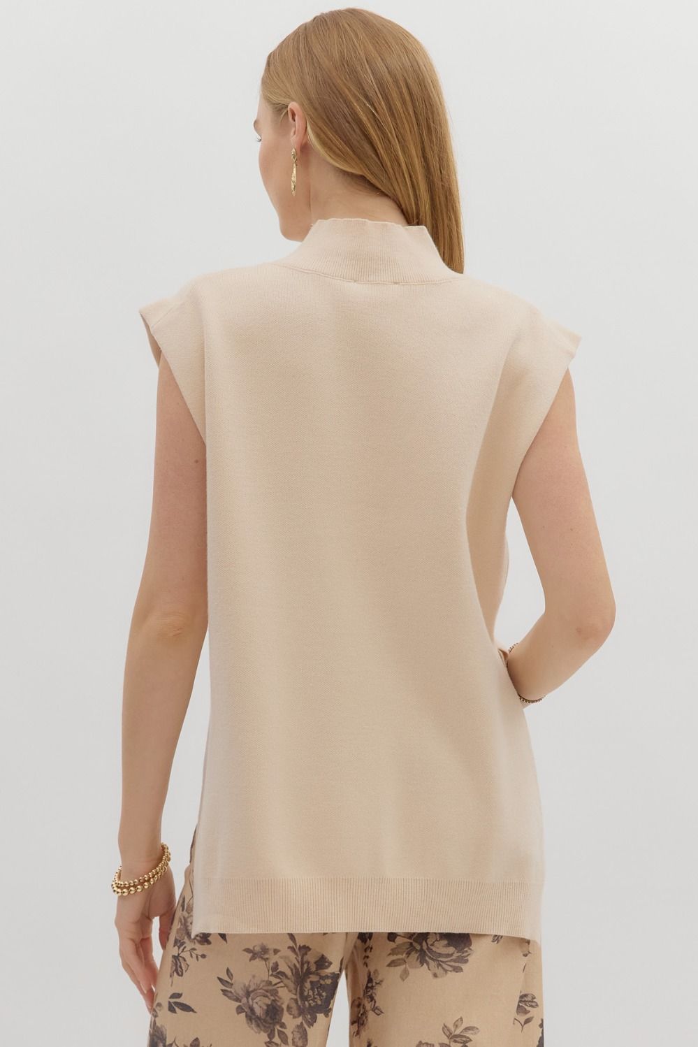 Solid mock neck muscle tee sweater knit hi-lo pullover