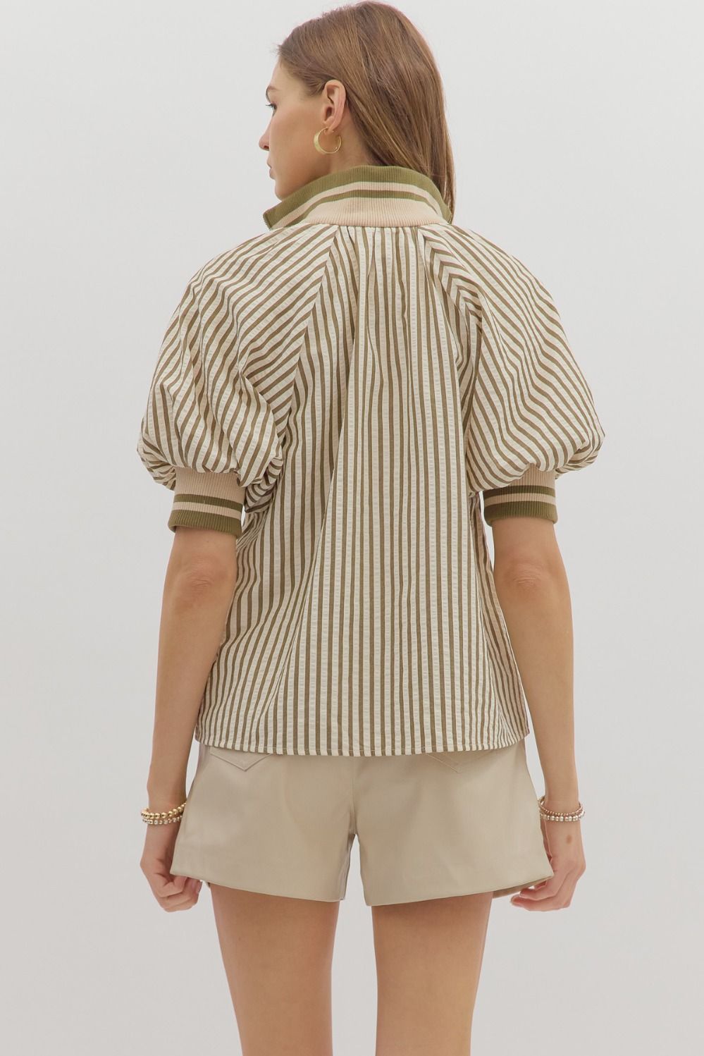 Olive Stripe pattern half-zip short puff sleeve top