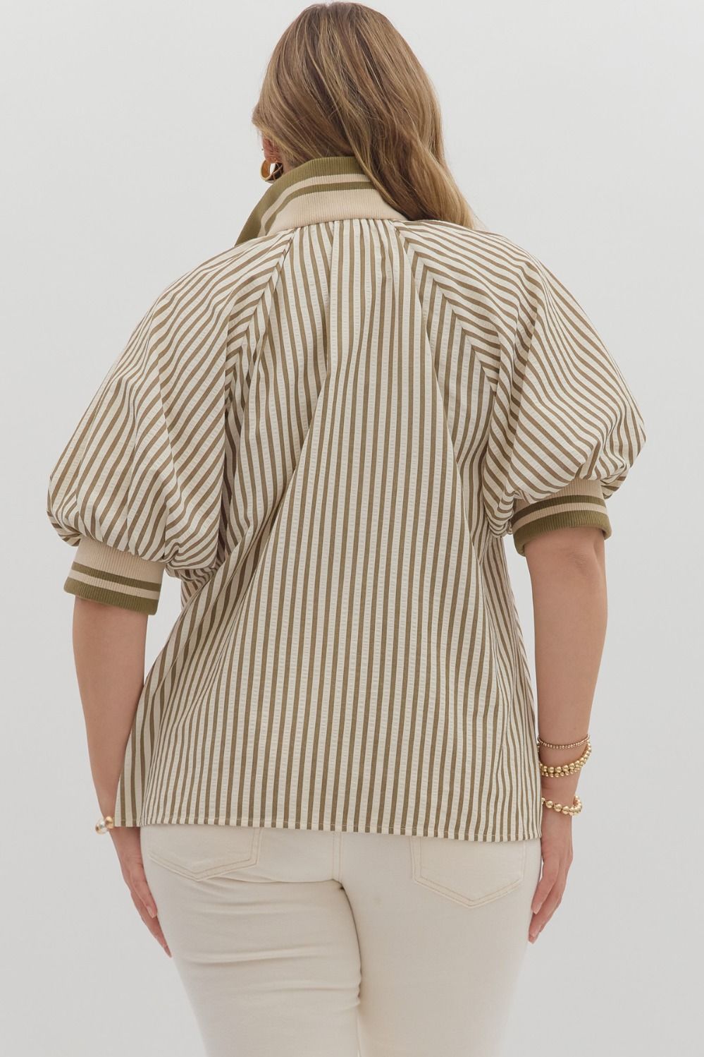 Olive Stripe pattern half-zip short puff sleeve top +