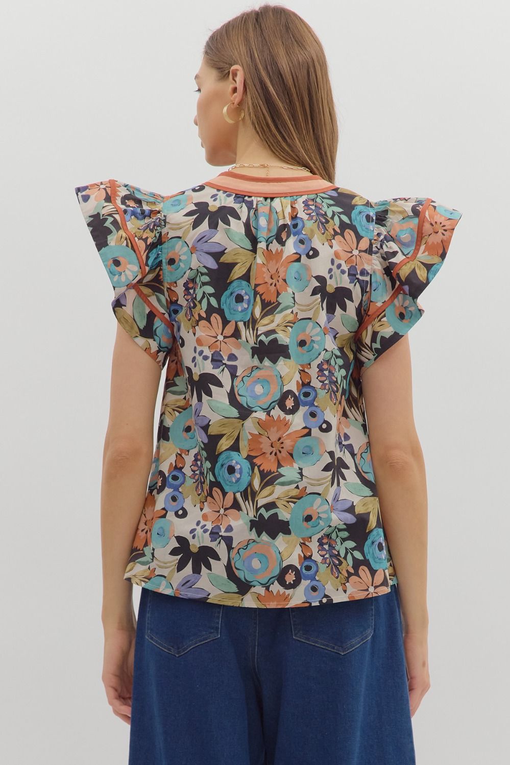 Multi-floral print flutter ruffle sleeve