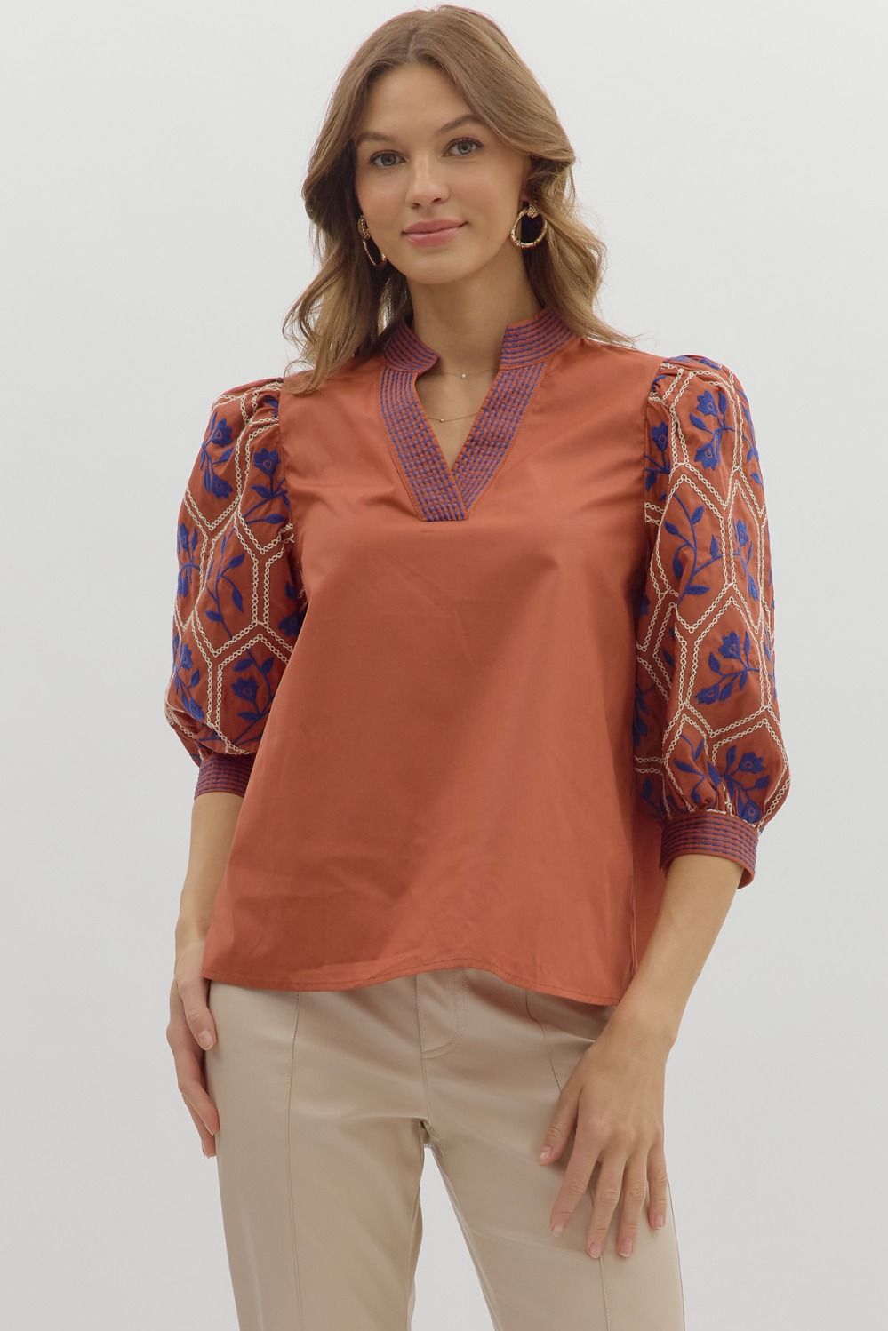 Floral pattern embroidered ¾ sleeve top
