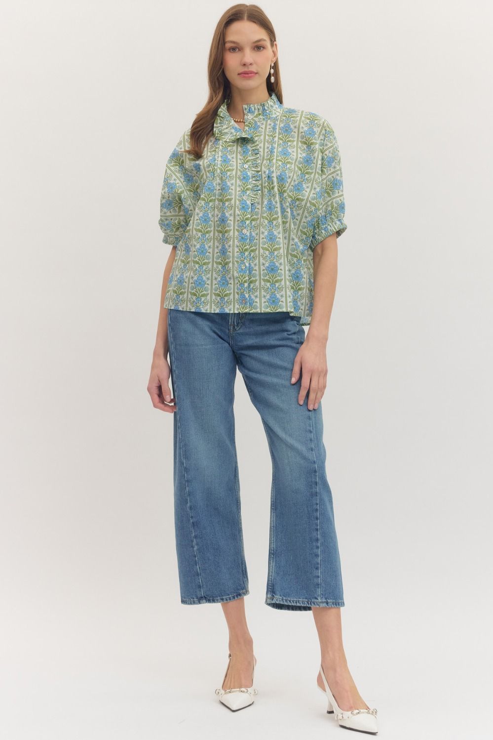 Botanical print short dolman sleeve top