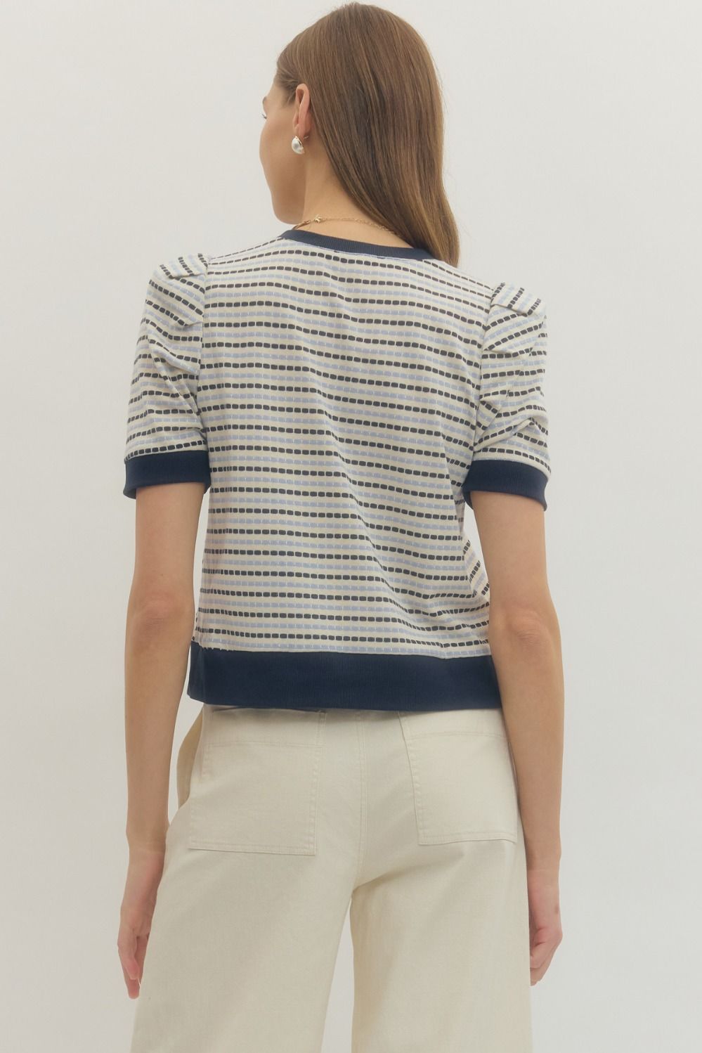 Blue Striped short puff sleeve waist-length top