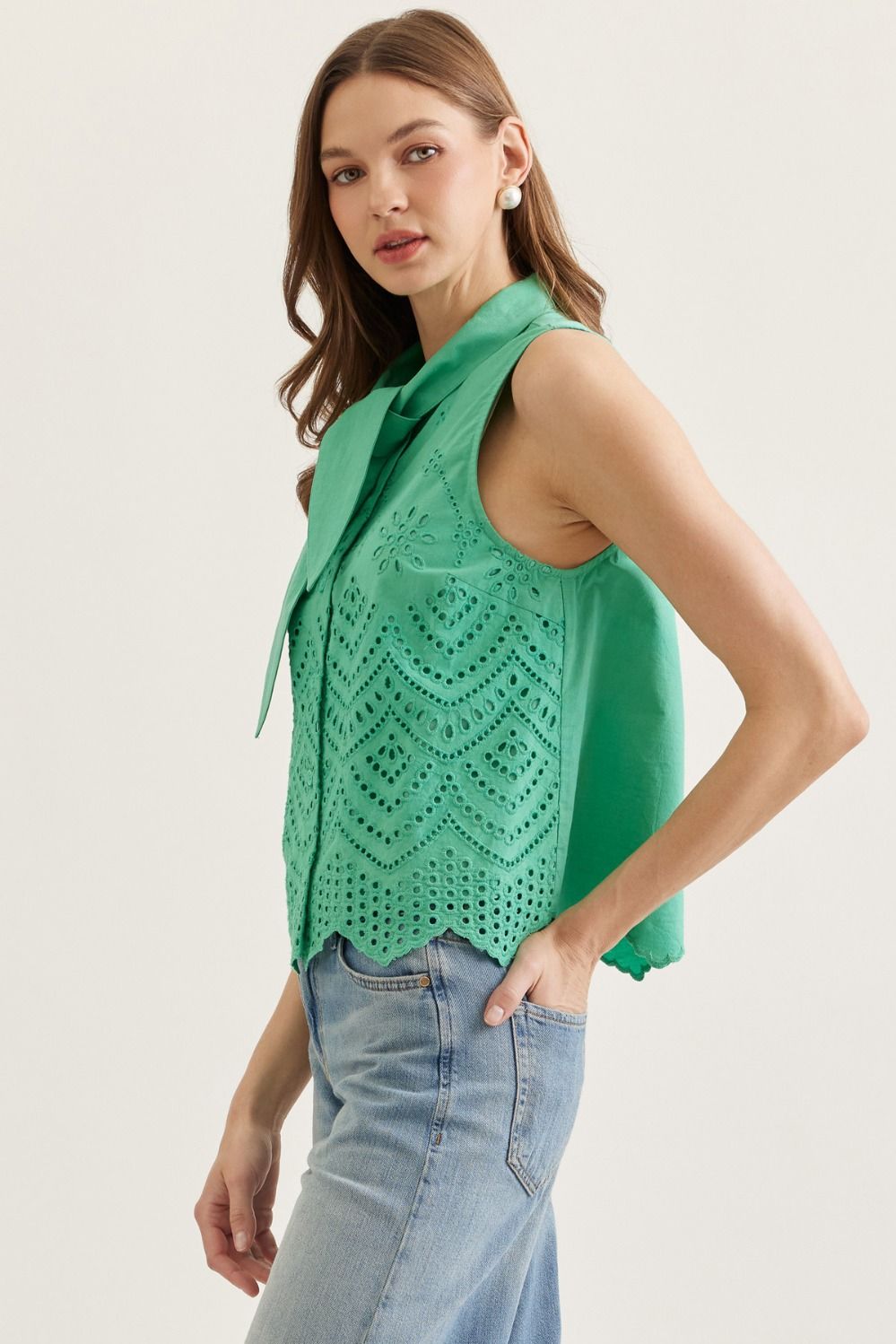 Green Solid sleeveless top with self tie neck