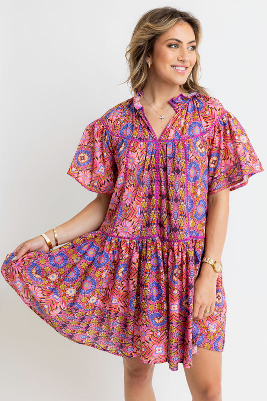 Kaleiodoscope Vneck Emb Teir Dress