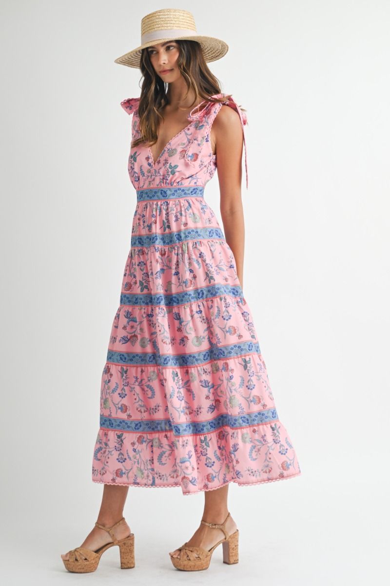Pink Printed Tiered Midi Dress