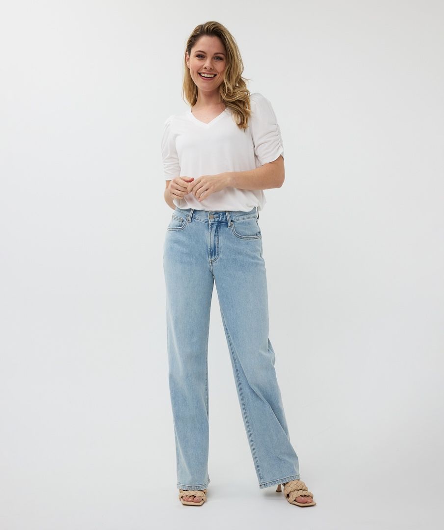 White Ruche Sleeve Vneck Tee