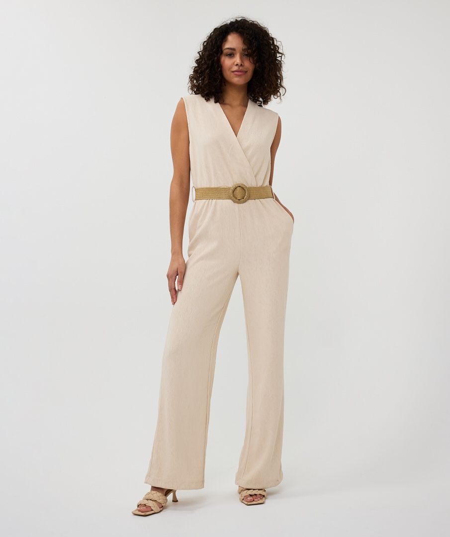 Ecru Surplice Belted Crinkle Jumpsuit