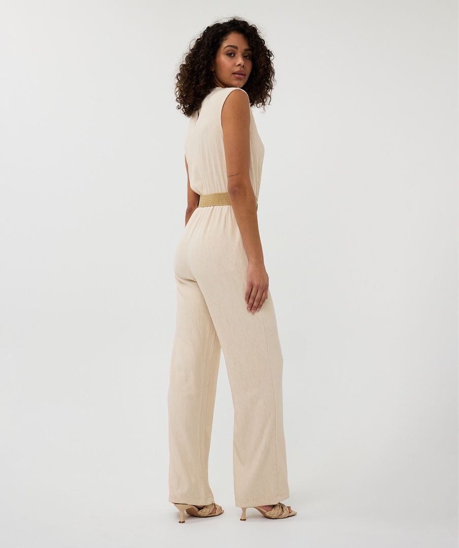 Ecru Surplice Belted Crinkle Jumpsuit