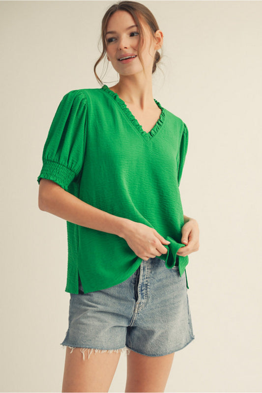Ruffle Vneck Smock Sleeve Blouse