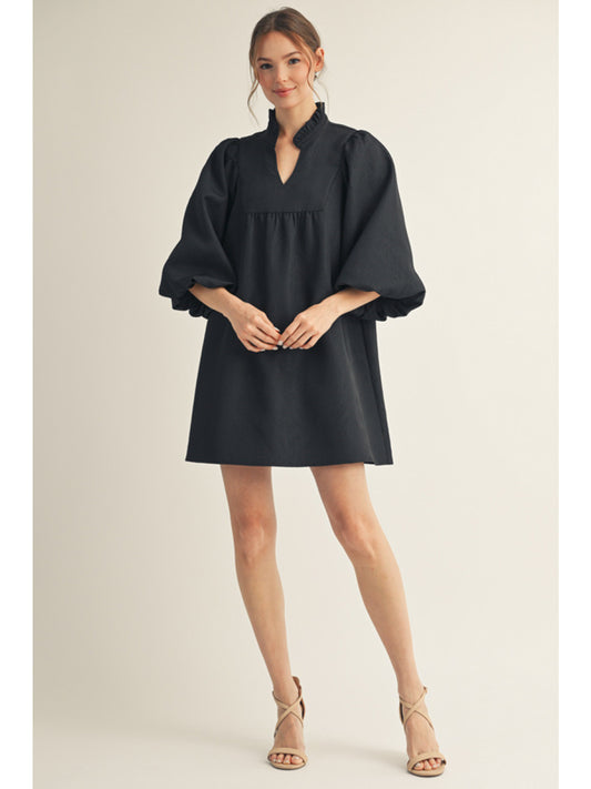 Bishop Sleeve Ruffle Vneck Black Dress