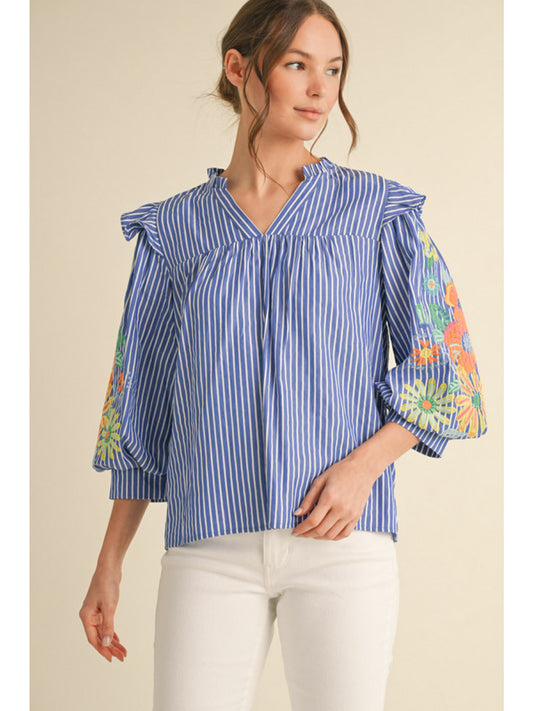 Blue Striped Blouse w/ embroider detail