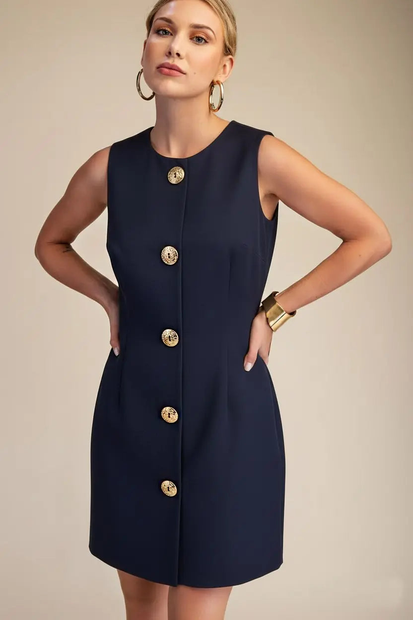 Navy Gold Button Detail Sleeveless Mini Dress
