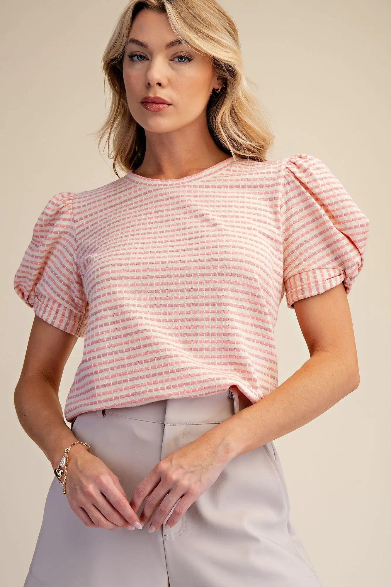 Pink Round Neck Puff Sleeve Stripe Top