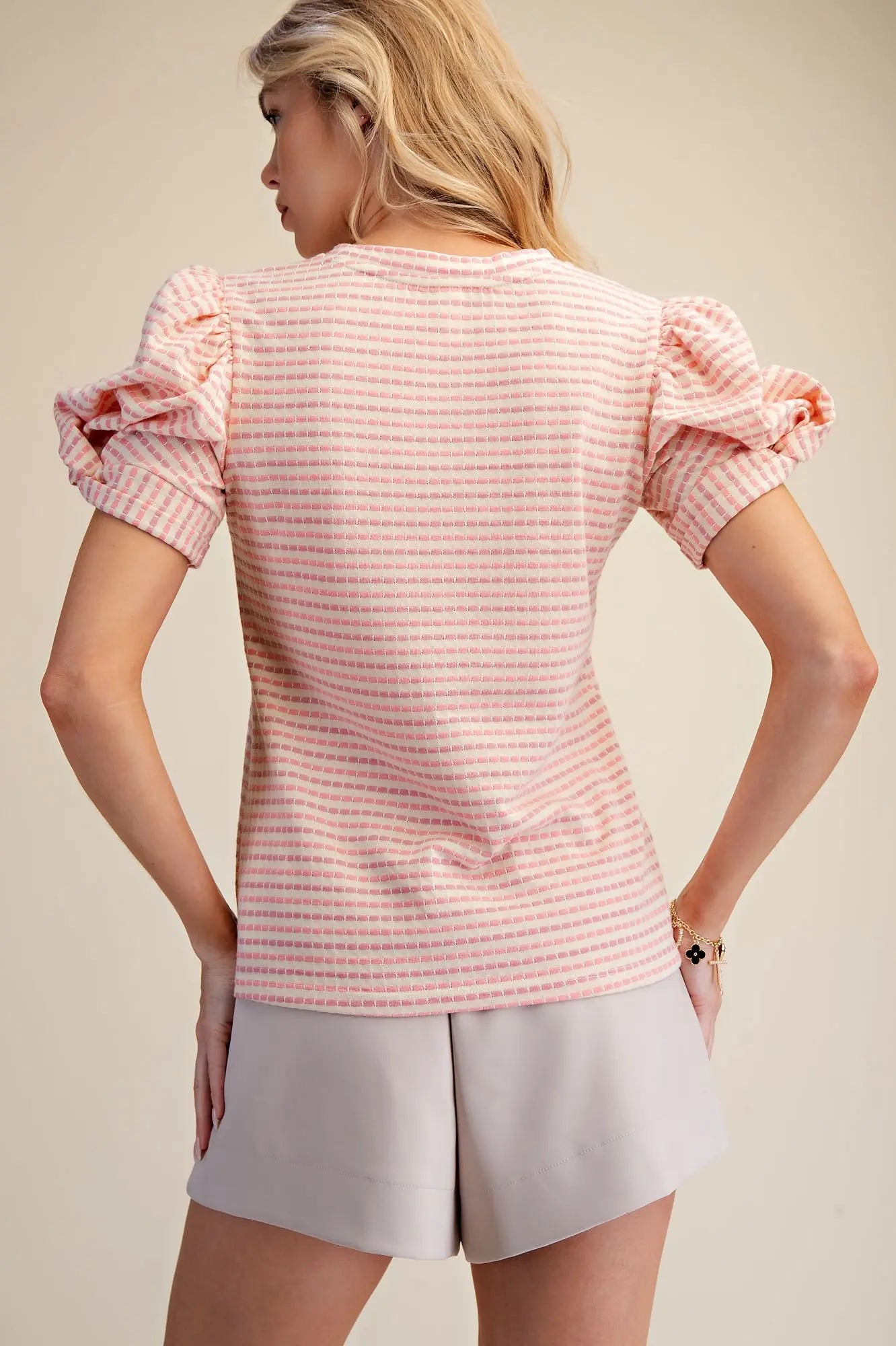 Pink Round Neck Puff Sleeve Stripe Top