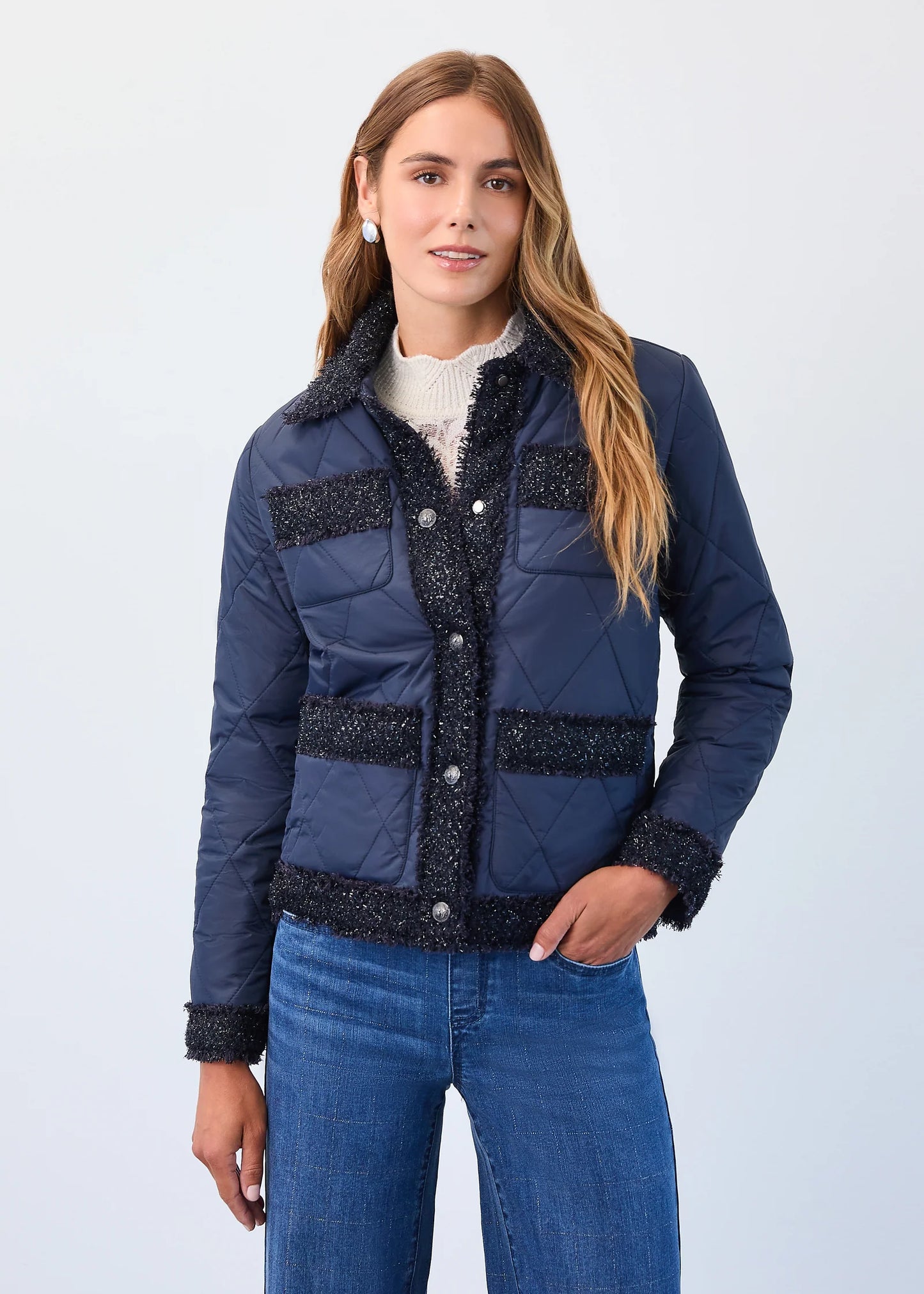 Indigo Quilted Sparkle Tweed Trim Jacket