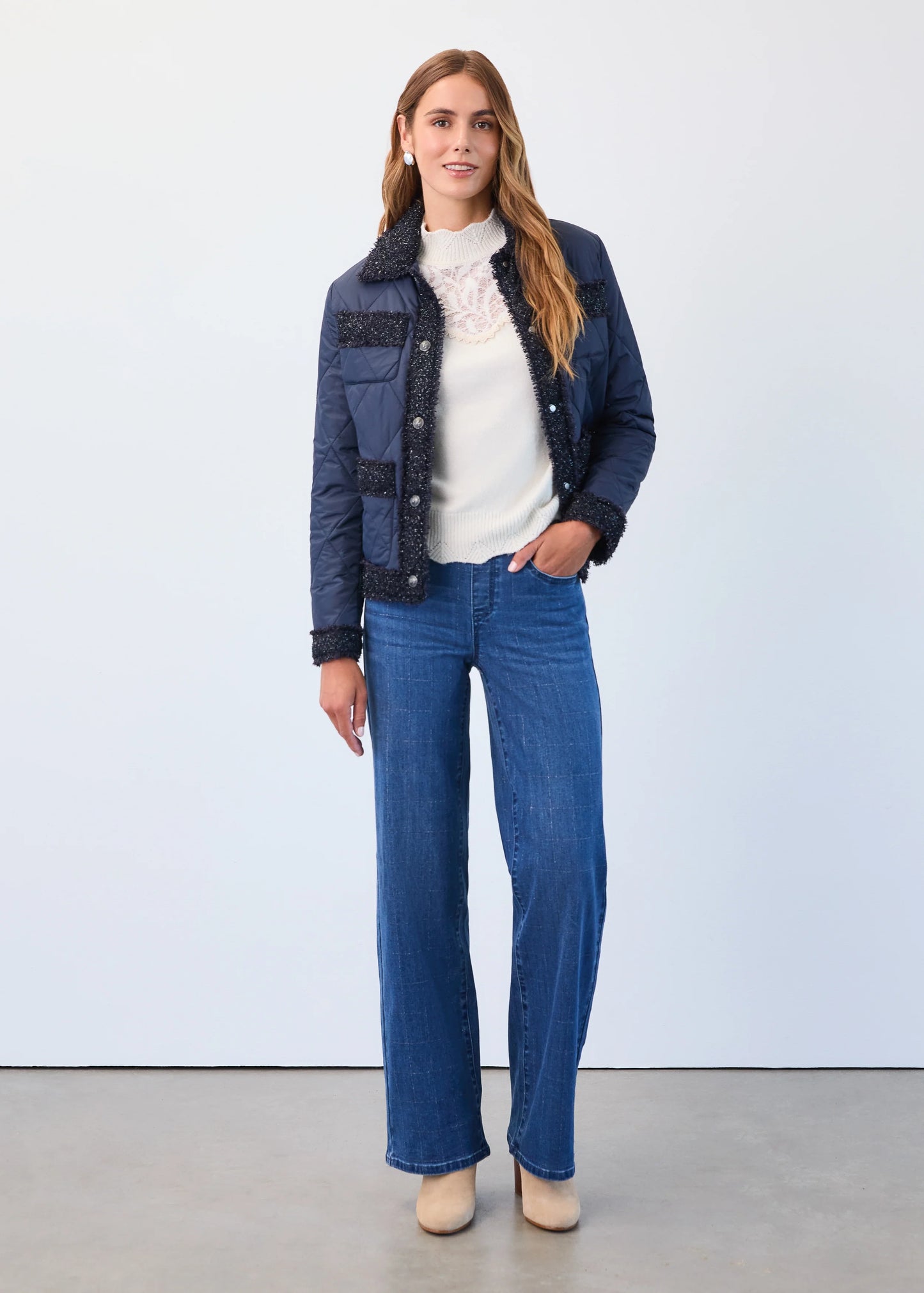Indigo Quilted Sparkle Tweed Trim Jacket