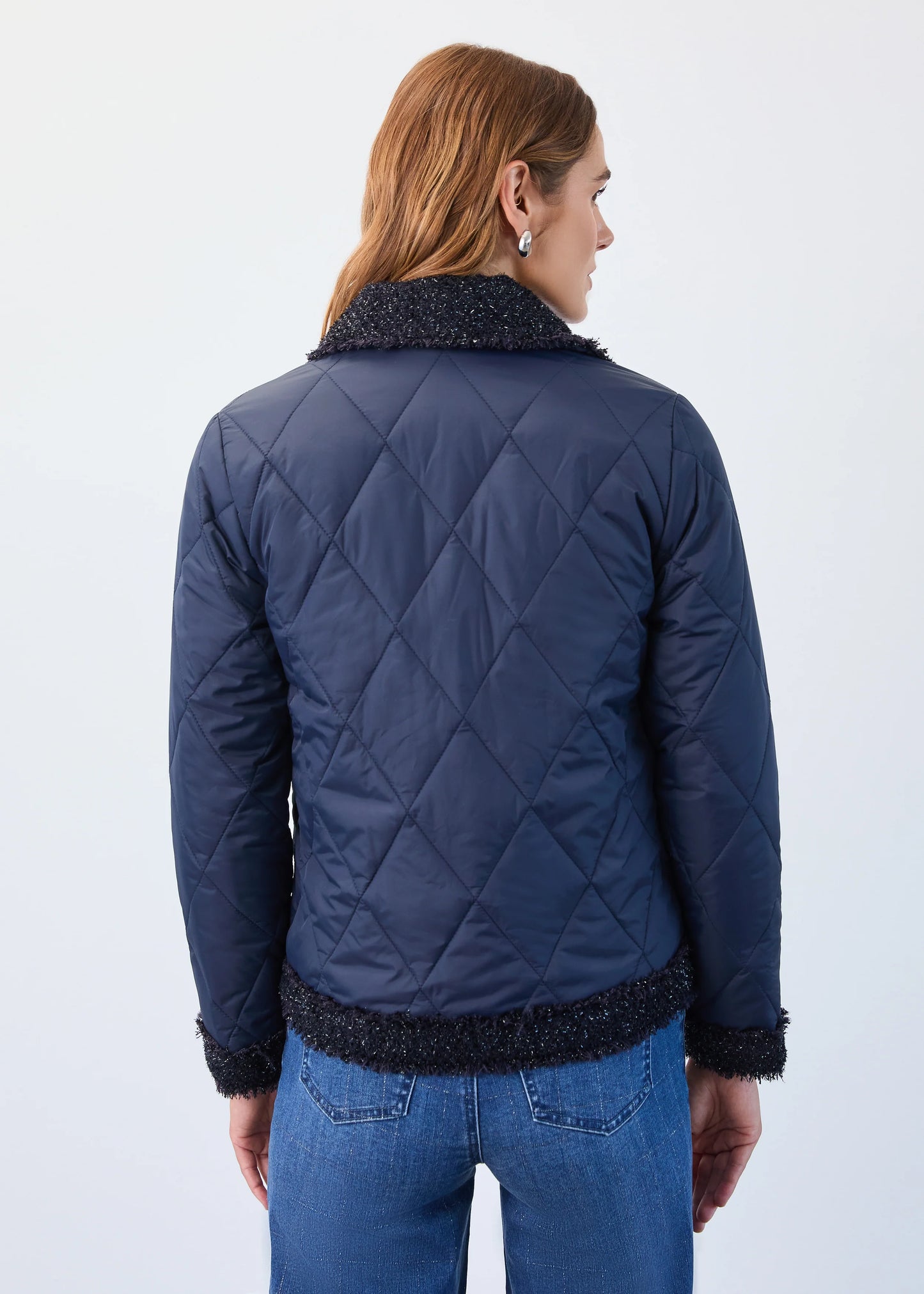 Indigo Quilted Sparkle Tweed Trim Jacket