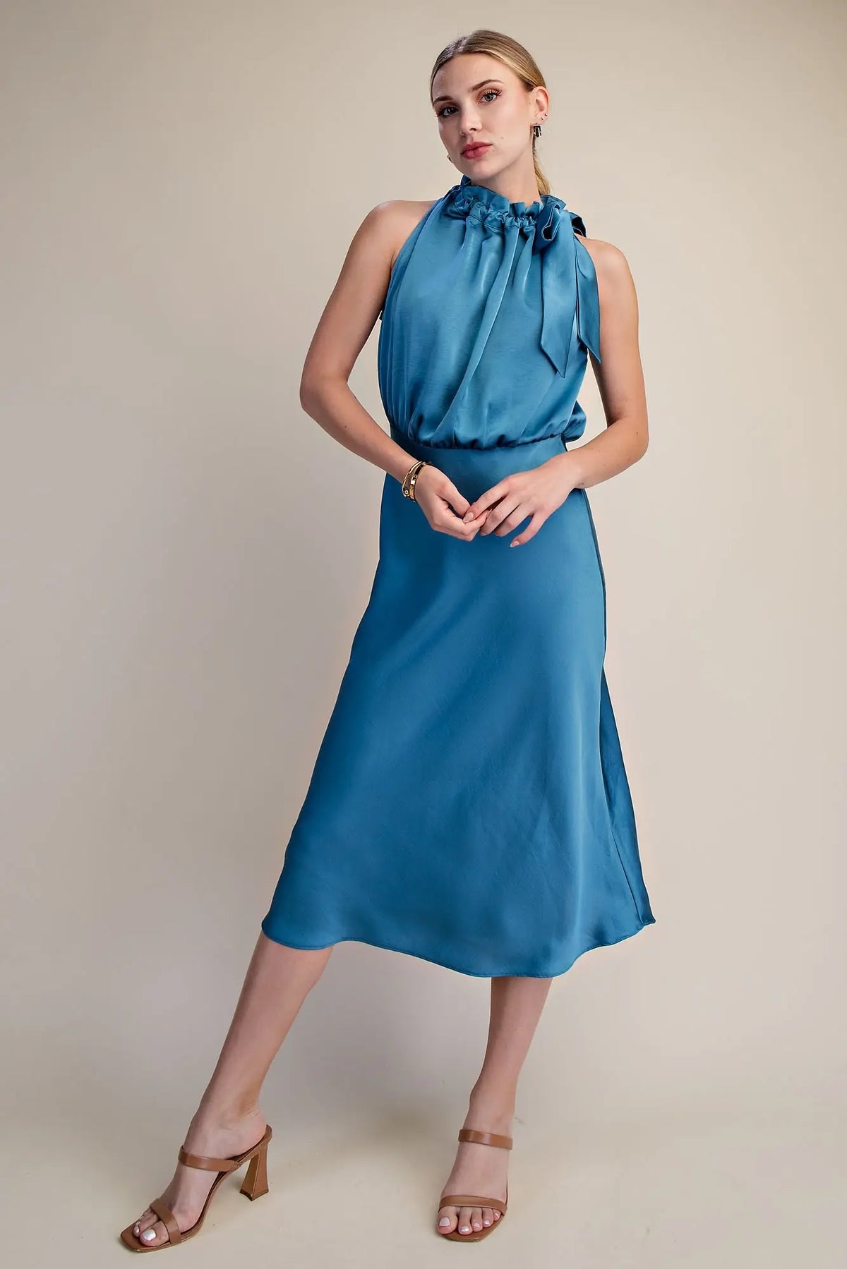 Blue Sleeveless Midi Dress With Ruffle Tie Neck