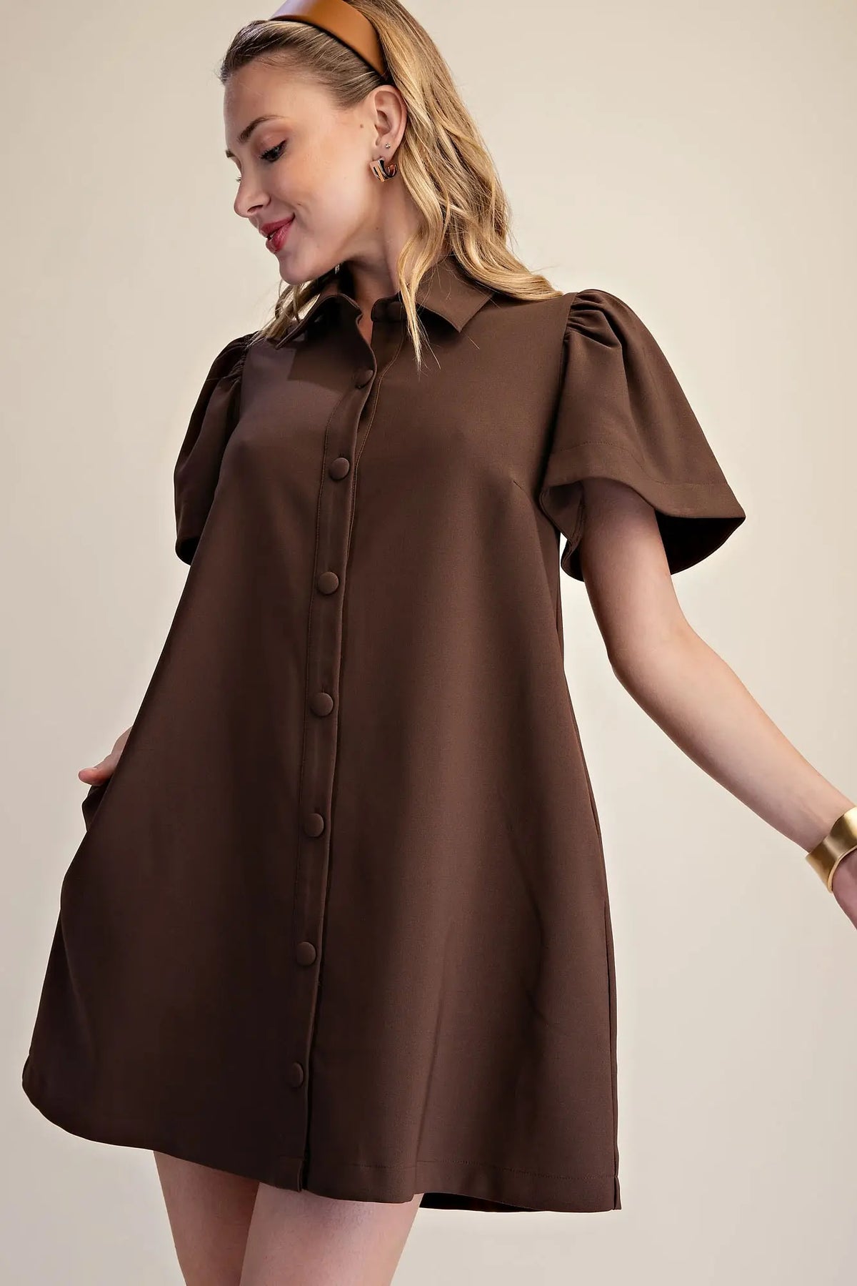 Brown Mini Dress Collar Neck Covered Button Down