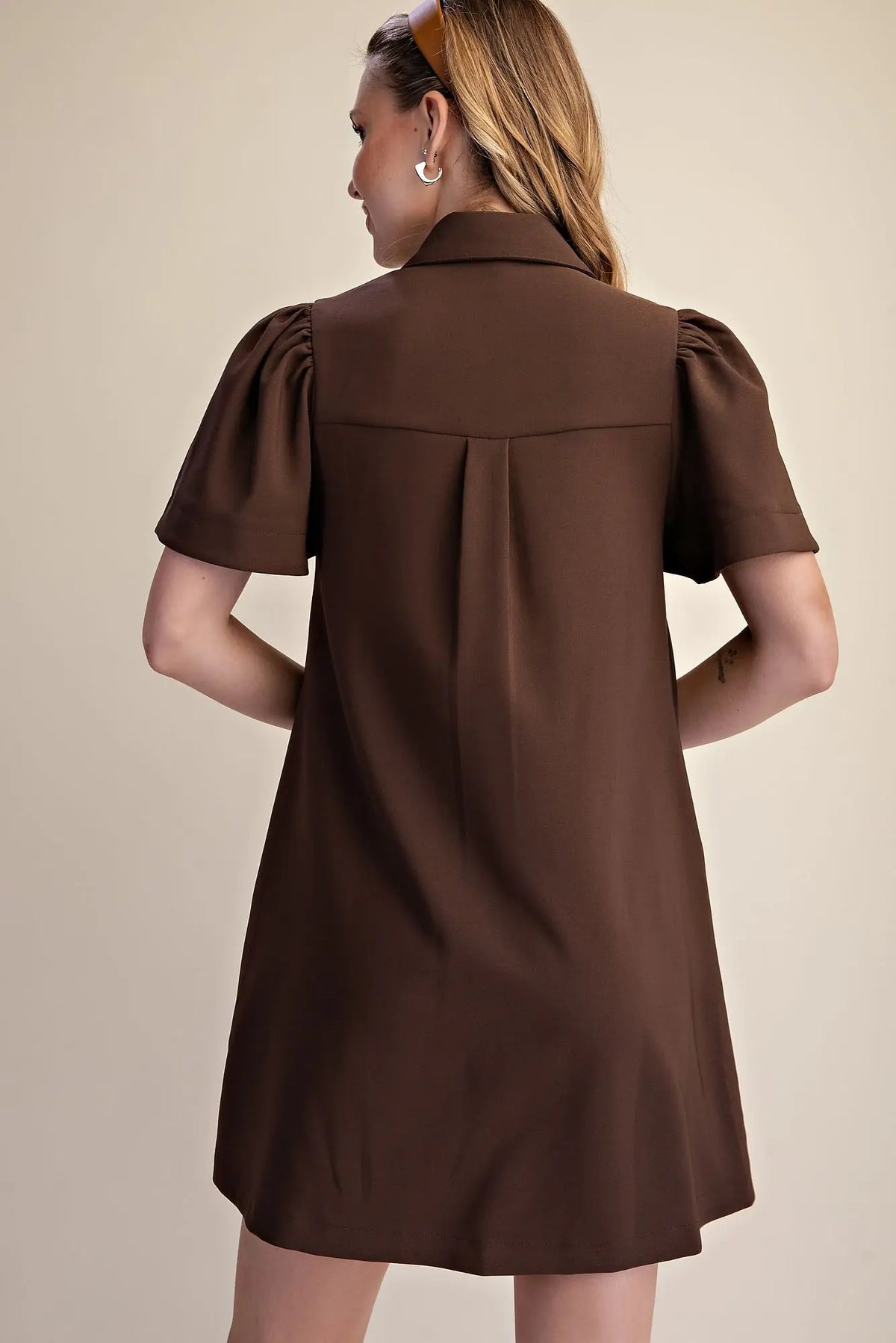 Brown Mini Dress Collar Neck Covered Button Down
