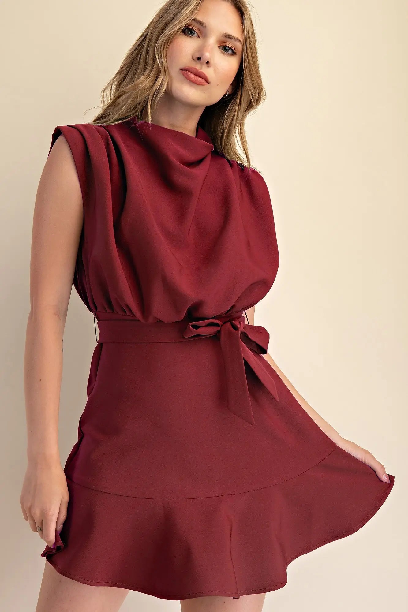 Burgandy Cowl Neck Sleeveless Waist Tie Mini Dress