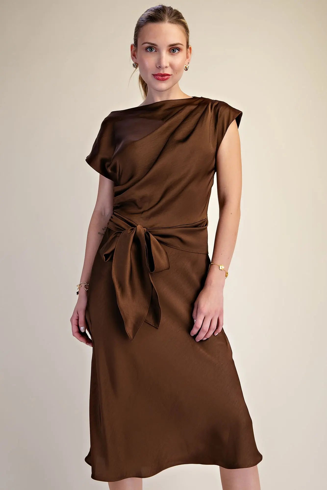 Brown Asymmetrical Dress Waist Tie Midi Length